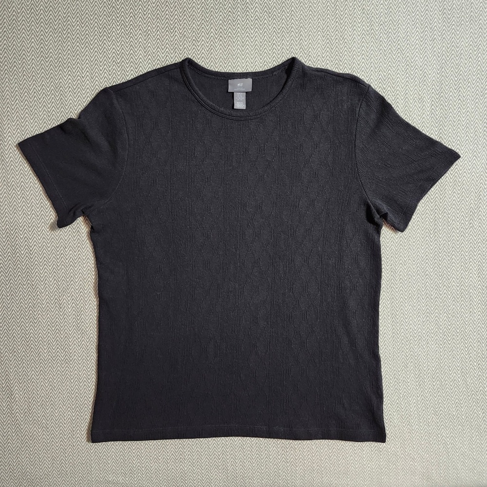 HM Slim Fit Textured Crew Neck T-Shirt Black Mens XL Short Sleeve Jacquard Knit
